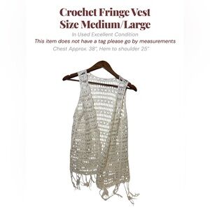 Cream Boho Crochet Fringe Vest Open Weave Layering M/L